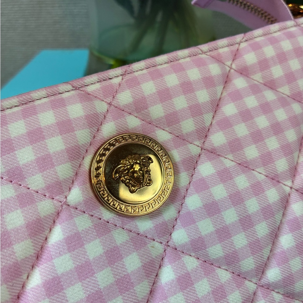NWT Authentic Versace Pink & White Plaid Fabric Shoulder Bag w/ Dustbag & Box - Picture 4 of 12